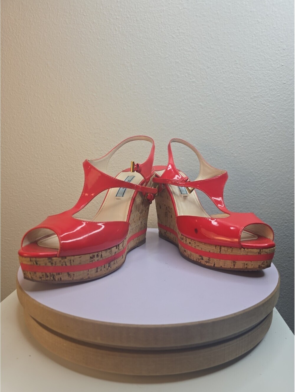 Prada Red Patent Leather T-Strap Cork Wedge Sandals Platform Peep Toe EU 36 US 6